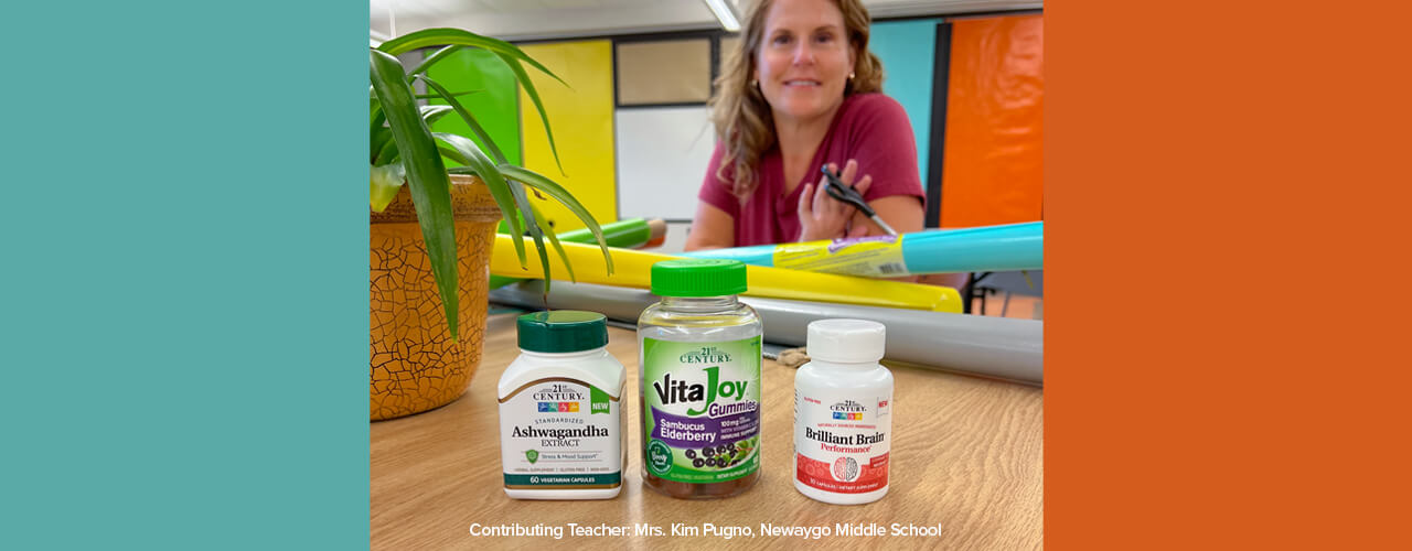 Picture of teacher and supplement bottles