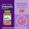 A graphic image with A bottle of 21st Century VitaJoy Melatonin 10 mg gummies, two gummies, strawberry icon graphics and the words extra strength, sleep support, in 2 delicious strawberry flavored gummies.