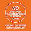 A graphic icon with the words no added sugar, yeast, preservatives or artificial flavors, non-GMO, gluten free and suitable for vegans.