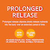 A graphic icon with the words prolonged release vitamins slowly release nutrients into the body over an extended period of time, non-GMO, gluten free, no added sugar, salt, yeast, preservatives or artificial flavors, suitable for vegans.