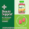 A graphic image with A bottle of 21st Century VitaJoy Biotin 5000 mcg gummies, two gummies, beauty icon graphic and the words beauty support, in 2 delicious strawberry flavored gummies.