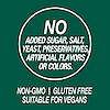 A graphic icon with the words no added sugar, salt, yeast, preservatives, artificial flavors or colors, non-GMO, gluten free and suitable for vegans.