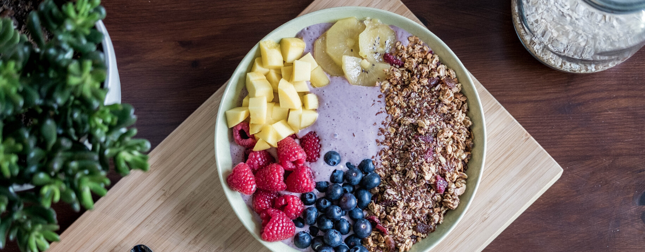 Top view of a bowl filled with different types of superfoods.