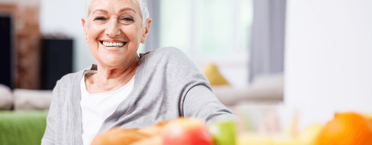 Senior woman smiling.