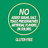 A graphic icon with no added sugar, salt, yeast, preservatives, artificial flavors or colors and gluten free.