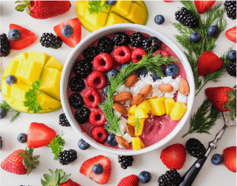 Top view of a bowl filled with black berries, raspberries, pineapple, blueberries, nuts and strawberries.