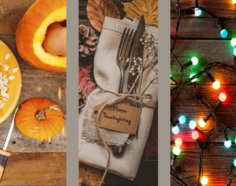 Three images of the upcoming holidays Halloween, Thanksgiving and Christmas.