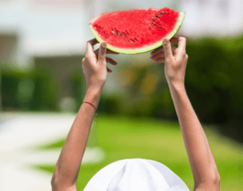 Two hands holding up a quarter slice of watermelon.