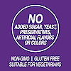 A graphic icon with the words no added sugar, yeast, preservatives, artificial flavors or colors, non-GMO, gluten free and suitable for vegetarians.