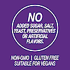 A graphic icon with the words no added sugar, salt, yeast, preservatives or artificial flavors, non-GMO, gluten free and suitable for vegans.