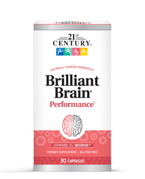 A box of 21st Century Brilliant Brain Performance capsules.