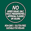 A graphic icon with the words to no added sugar, salt, yeast, preservatives, artificial flavors or colors, non-GMO, gluten free and suitable for vegans.