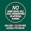 A graphic icon with the words no added sugar, salt, yeast, preservatives or artificial flavors, non-GMO, gluten free and suitable for vegans.