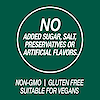 A graphic icon with the words no added sugar, salt, preservatives or artificial flavors, non-GMO, gluten free and suitable for vegans.