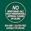 A graphic icon with the words no added sugar, salt, yeast, preservatives, artificial flavors or colors, non-GMO, gluten free and suitable for vegans.