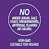 A graphic icon with the words no added sugar, salt, yeast, preservatives, artificial flavors or colors, non-GMO and suitable for vegans.