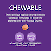 A graphic with a papaya enzyme chewable tablet and the words these delicious tropical flavored chewable tablets are formulate for those who prefer to chew their papaya enzymes, no added salt, yeast, preservatives or artificial flavors, non-GMO and gluten free.