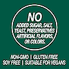 A graphic icon with the words no added sugar, salt, yeast, preservatives, artificial flavors, or colors, non-GMO, gluten free, soy free and suitable for vegans.